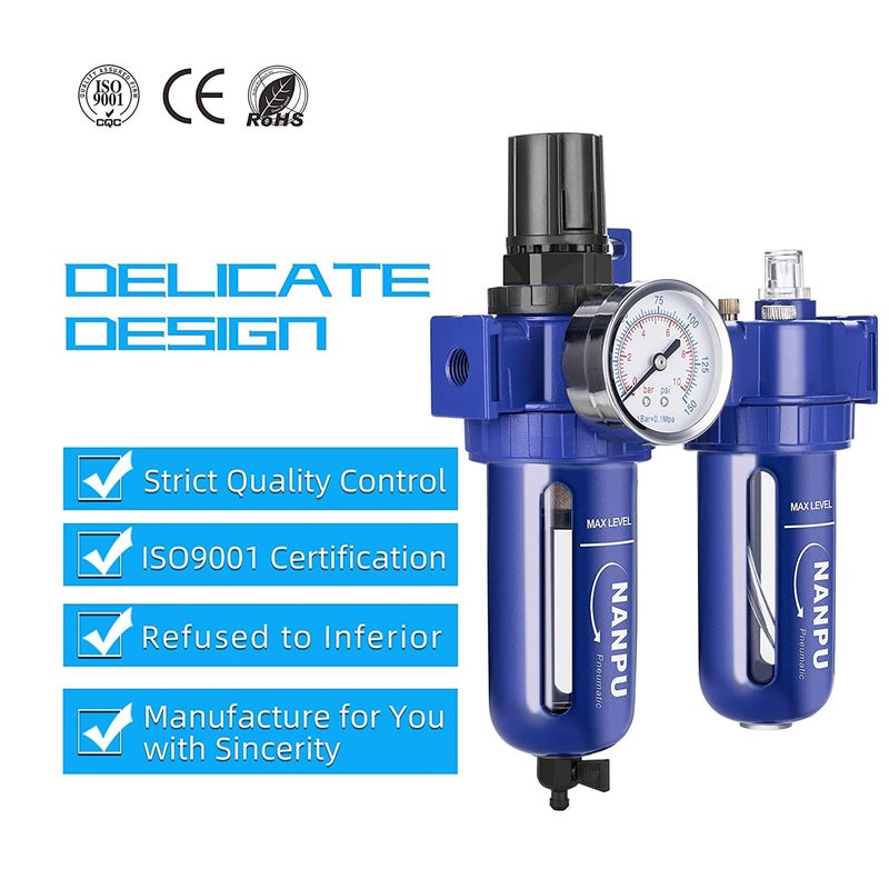 NANPU 3/8" NPT Compressed Air Filter Regulator Lubricator (FRL), Zinc Alloy, 5 Micron Brass Element, 0-150 psi Gauge, Quick Release Bowl, Manual Drain, Metal Bracket - Image 5